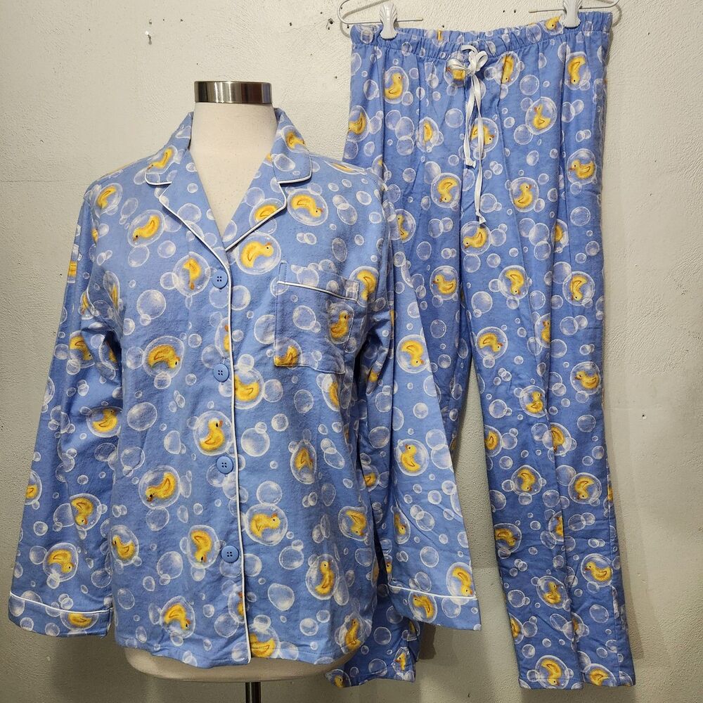 Pajama Set Womens Flannel Pajamas Set LARGE Yellow Ducks Shirt LS pants Pocket